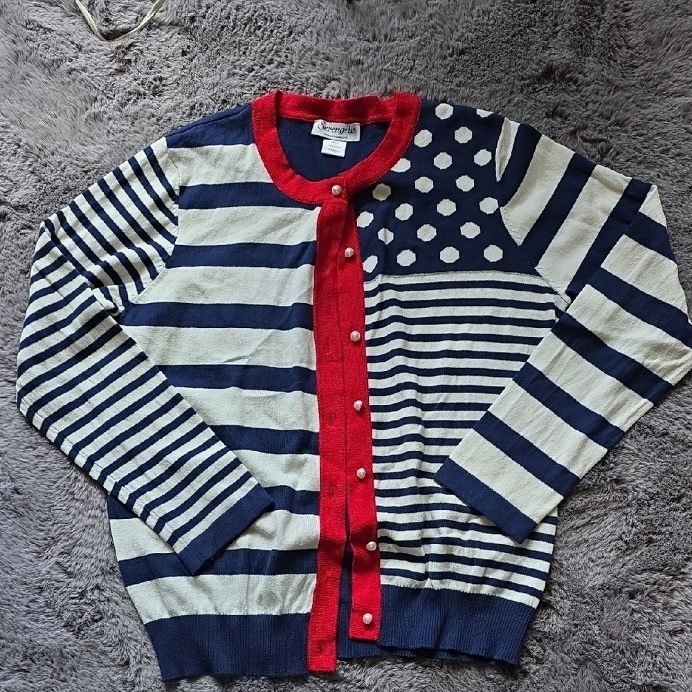 Serengeti Red, White and Blue Button Cardigan Sweater Size Large